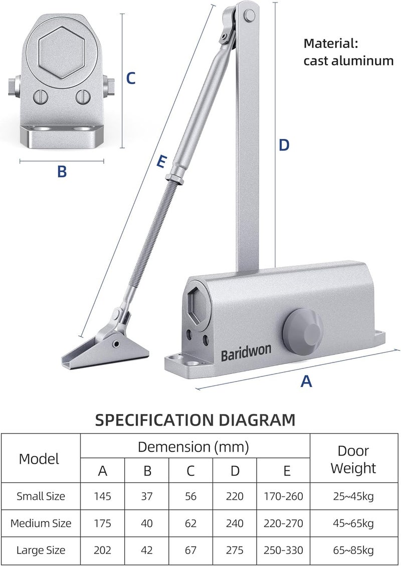 Baridwon Commercial Grade Hydraulic Door Closer Large Size, Heavy Duty No Slam with Hold Open, Silver - Image 4